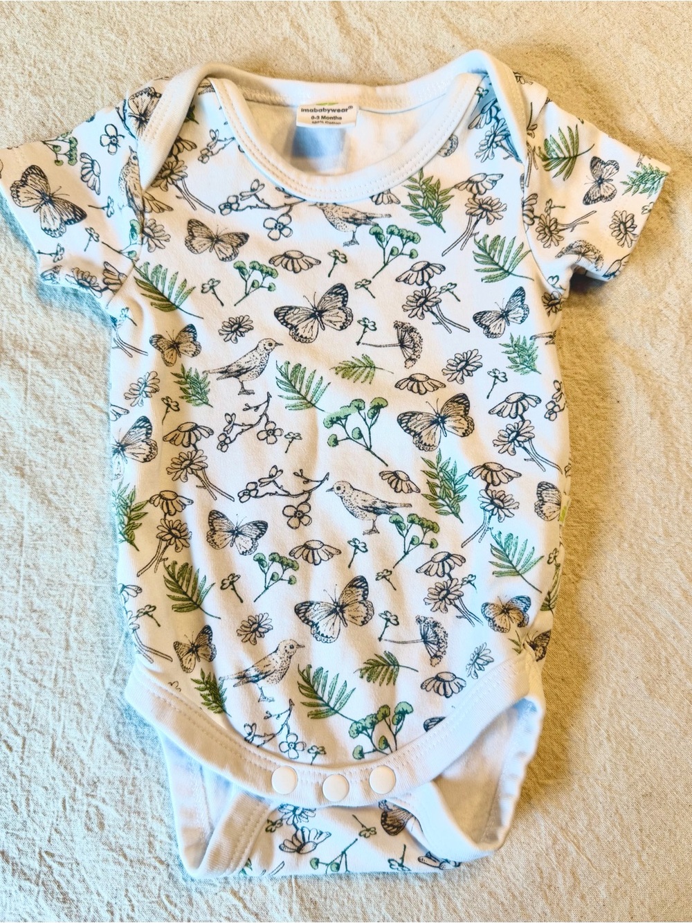 Sophisticated Nature Baby Onesie - 0-3 months  - Birds & Butterflies